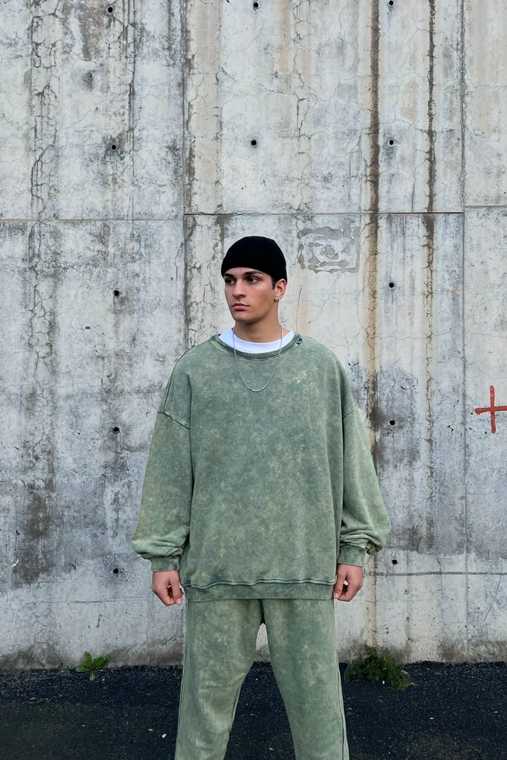 Basic Yeşil Acid Wash Outfit Eşofman Takımı