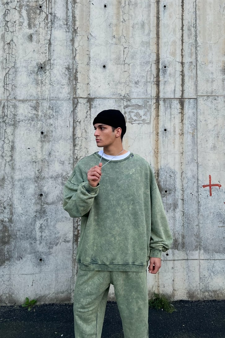 Basic Yeşil Acid Wash Outfit Eşofman Takımı