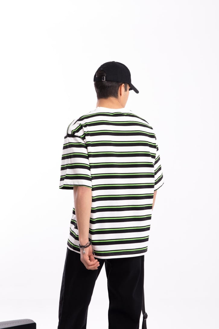 Basic Yeşil Çizgili Oversize Tshirt