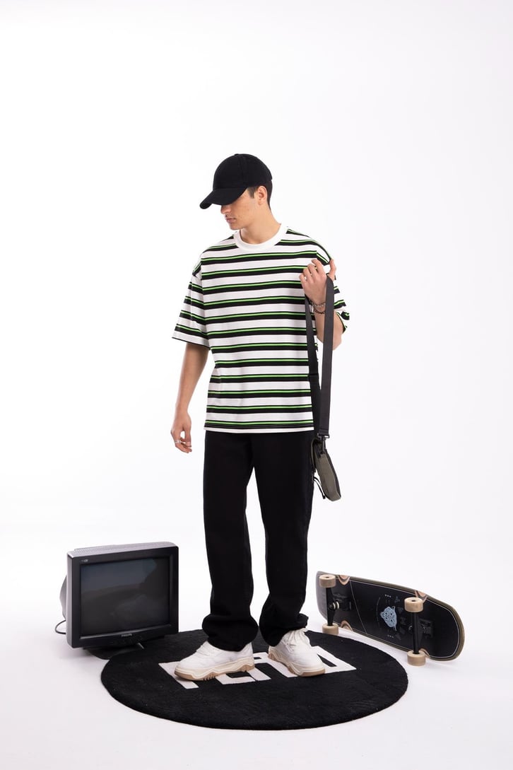 Basic Yeşil Çizgili Oversize Tshirt