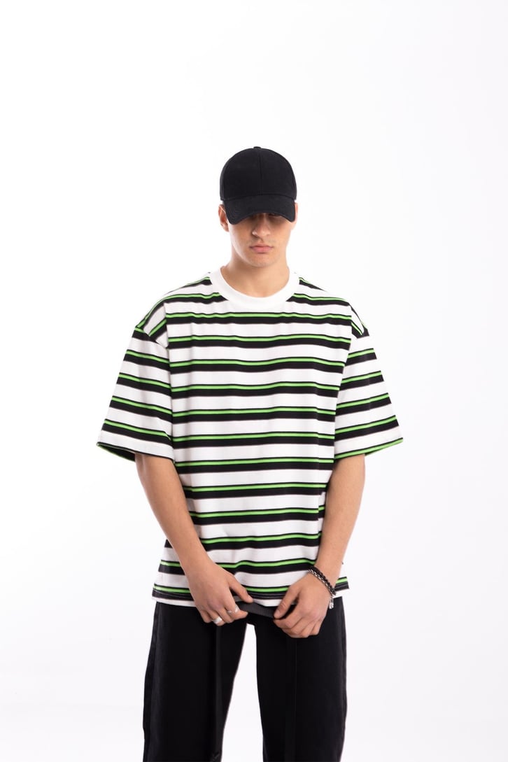 Basic Yeşil Çizgili Oversize Tshirt