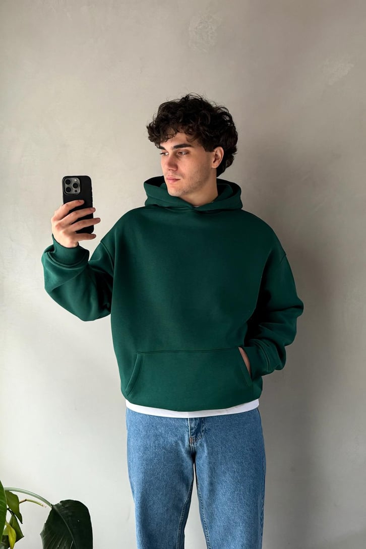 Basic Yeşil Oversize Hoodie