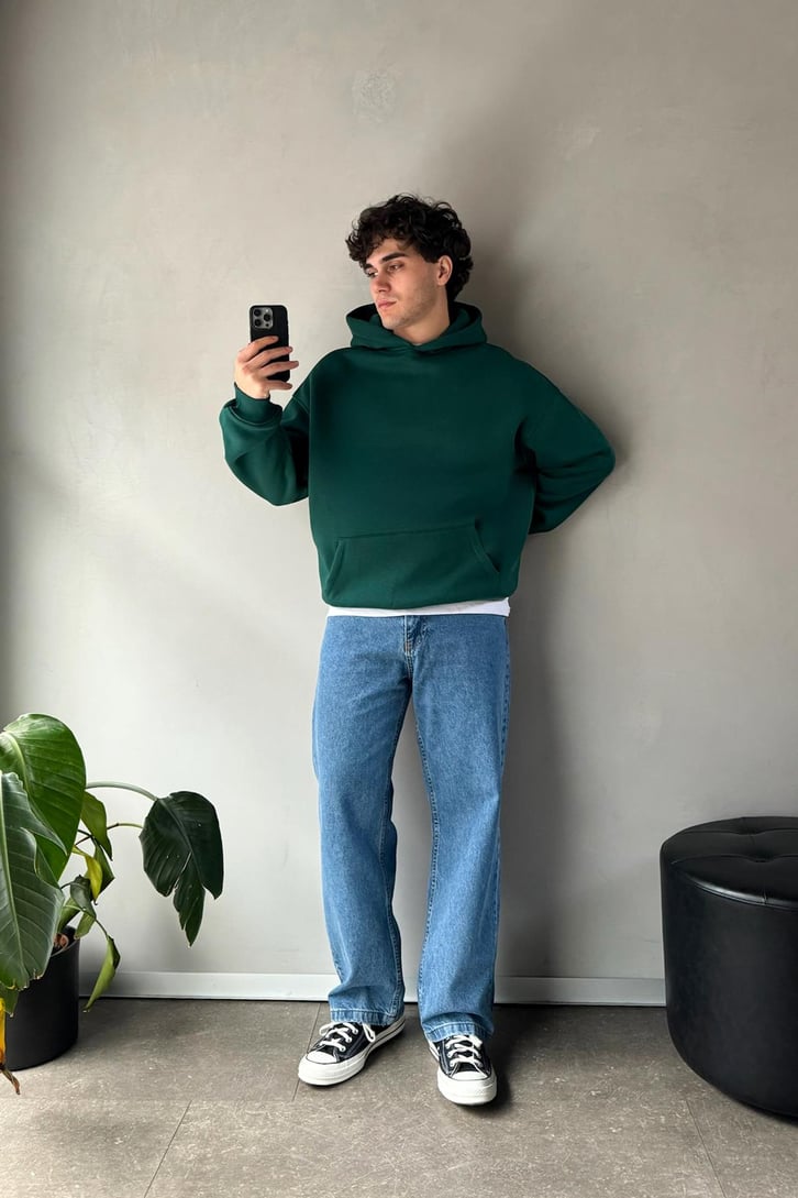 Basic Yeşil Oversize Hoodie