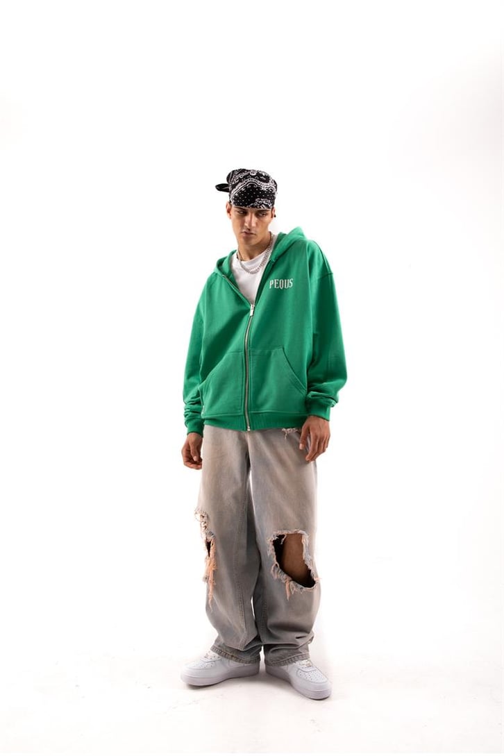 Basic Yeşil Oversize Zip Hoodie