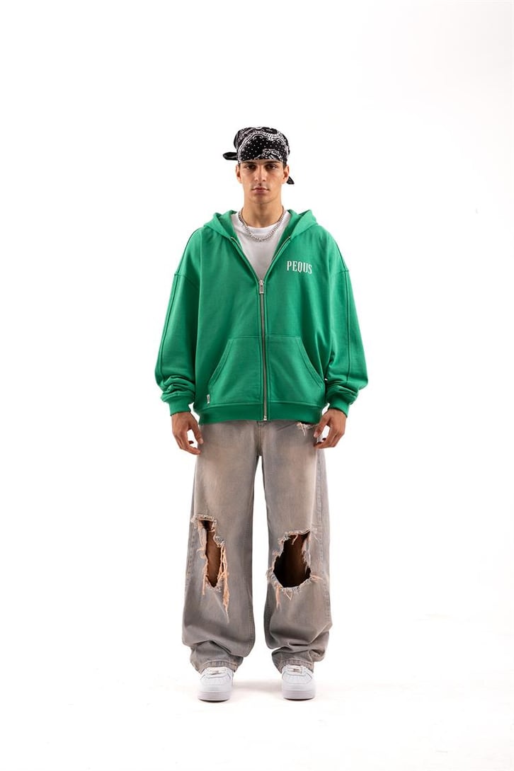 Basic Yeşil Oversize Zip Hoodie