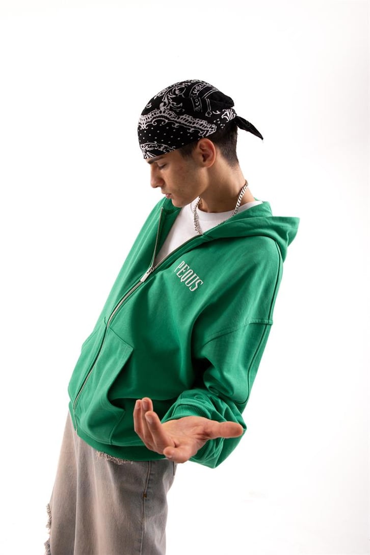 Basic Yeşil Oversize Zip Hoodie