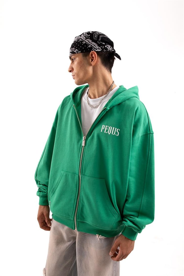 Basic Yeşil Oversize Zip Hoodie