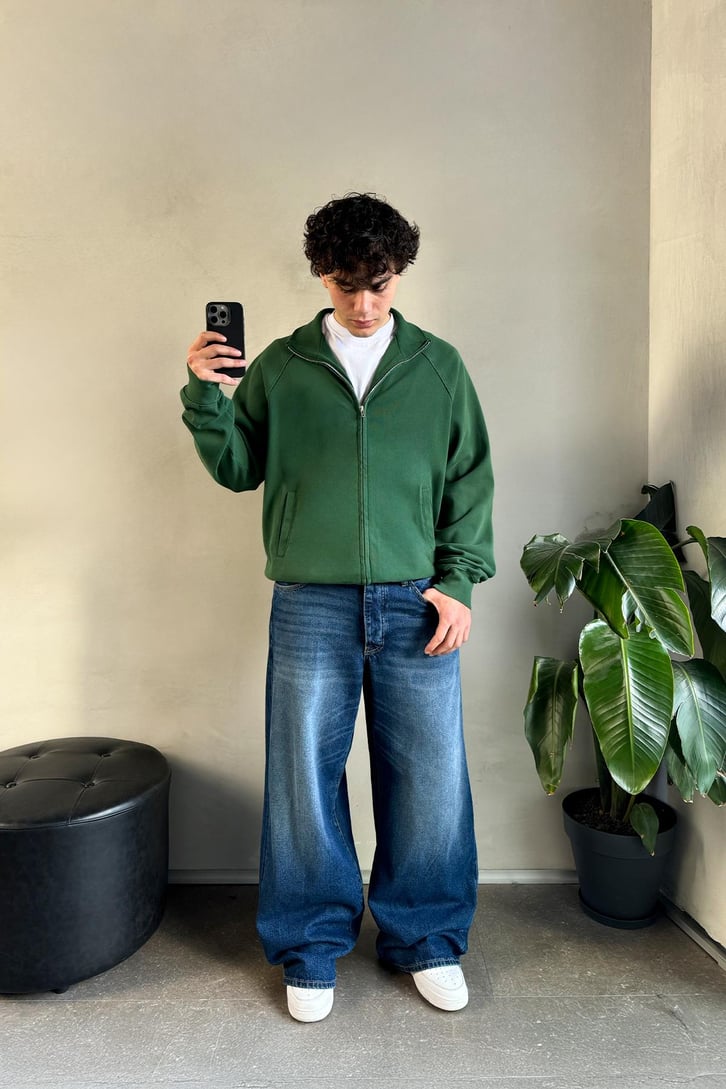 Basic Yeşil Zip Sweatshirt