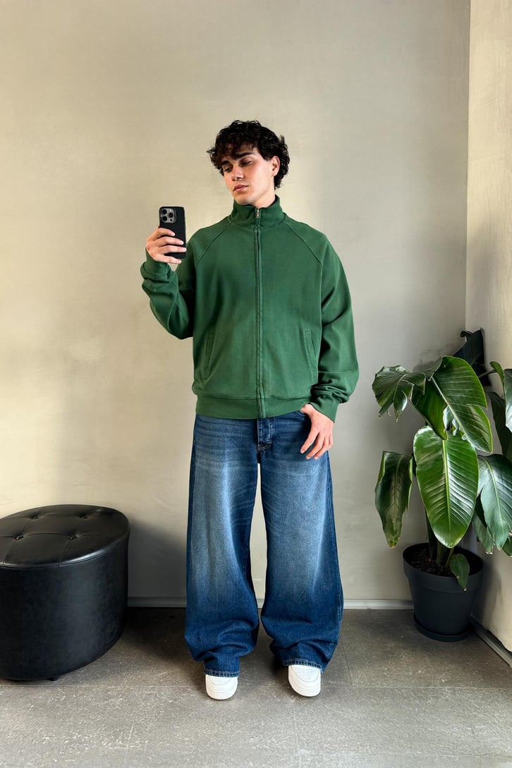 Basic Yeşil Zip Sweatshirt