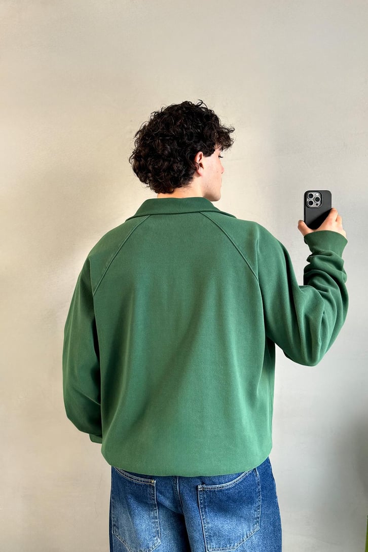 Basic Yeşil Zip Sweatshirt