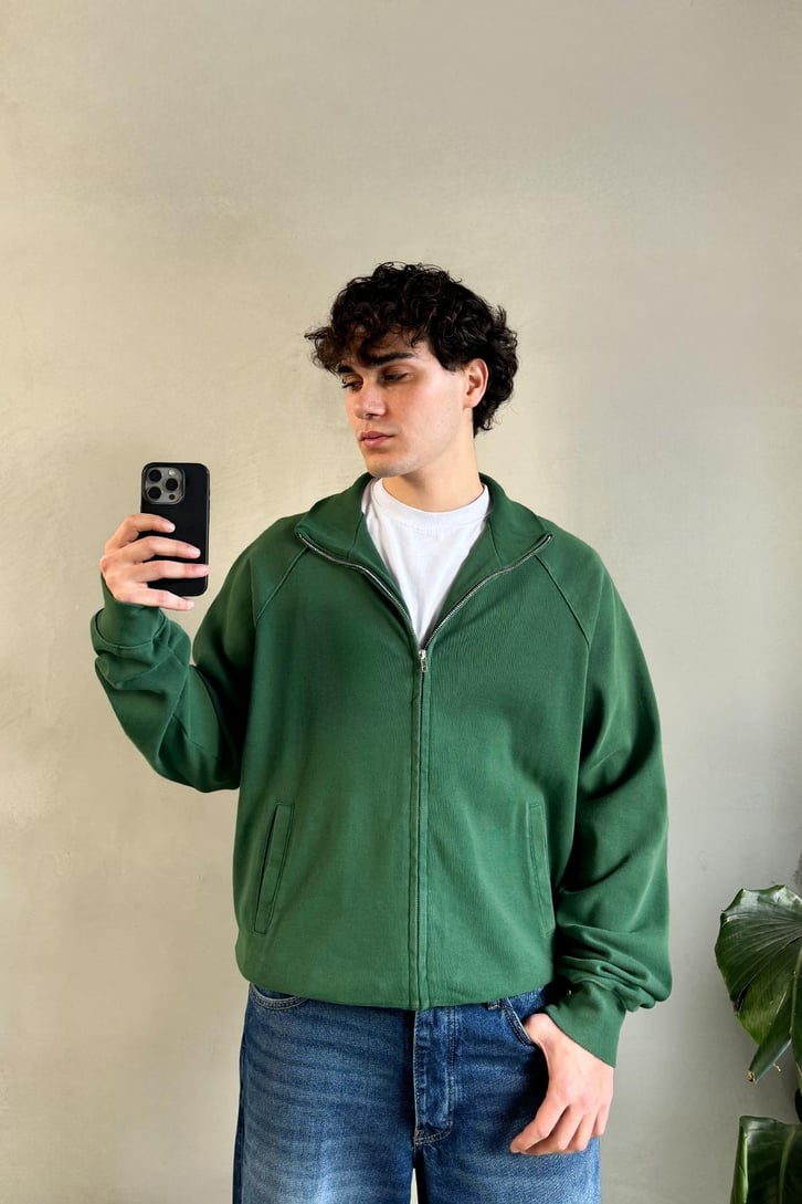 Basic Yeşil Zip Sweatshirt
