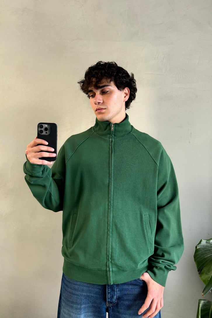 Basic Yeşil Zip Sweatshirt