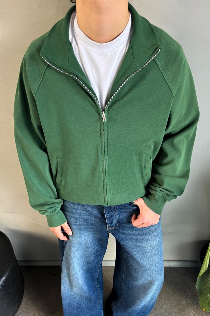 Basic Yeşil Zip Sweatshirt