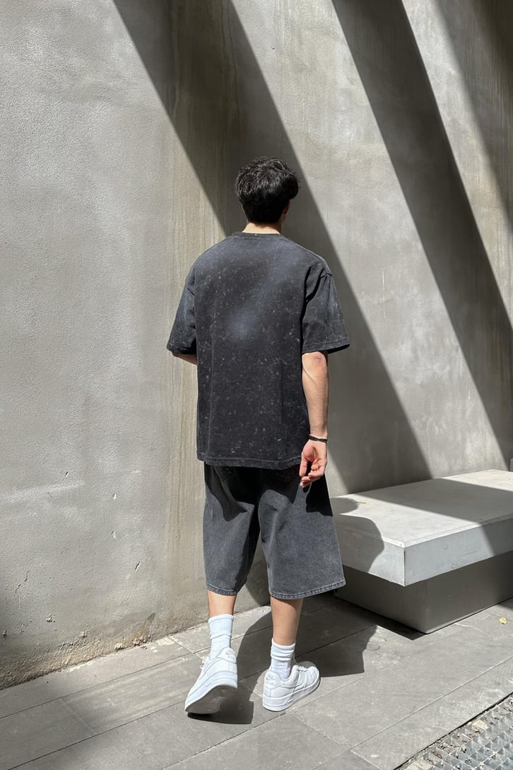 Basic Yıkamalı Antrasit Oversize Tişört