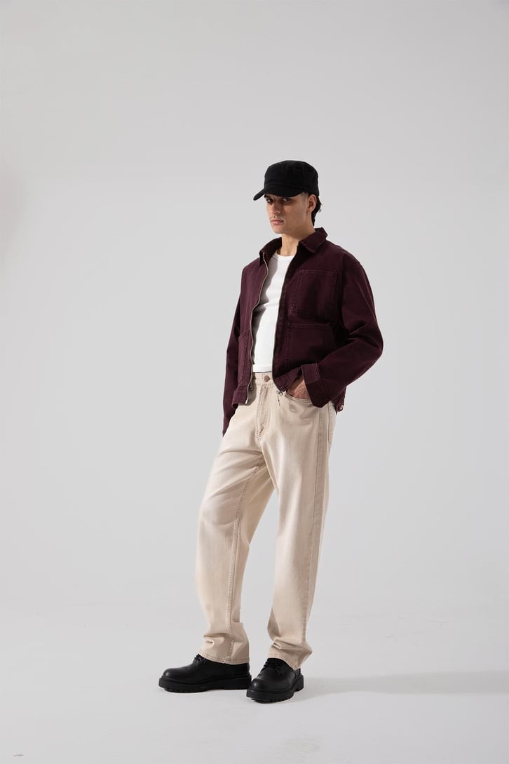Basic Yıkamalı Bej Baggy Pantolon