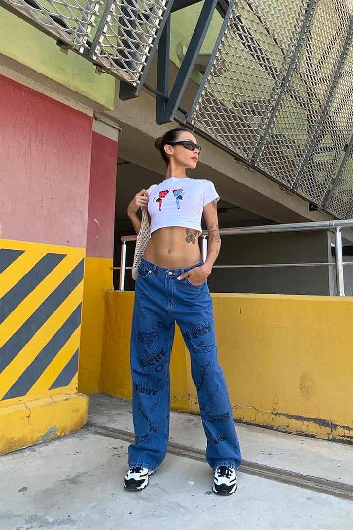 Baskı Detaylı Mavi Baggy Jean