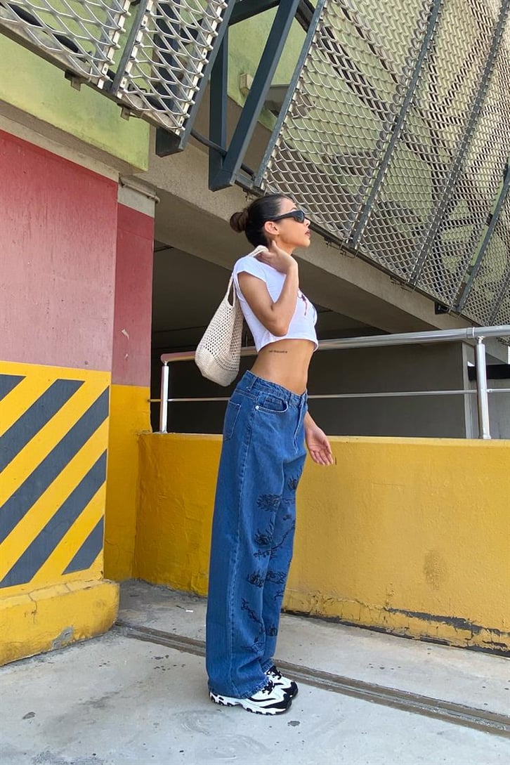 Baskı Detaylı Mavi Baggy Jean