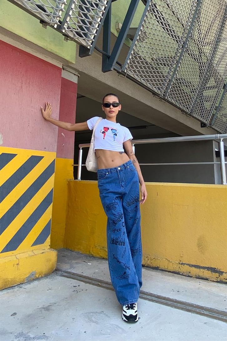 Baskı Detaylı Mavi Baggy Jean