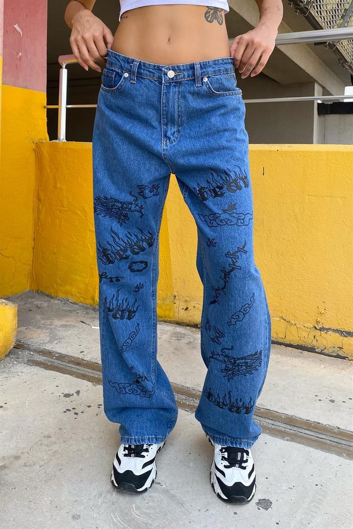 Baskı Detaylı Mavi Baggy Jean