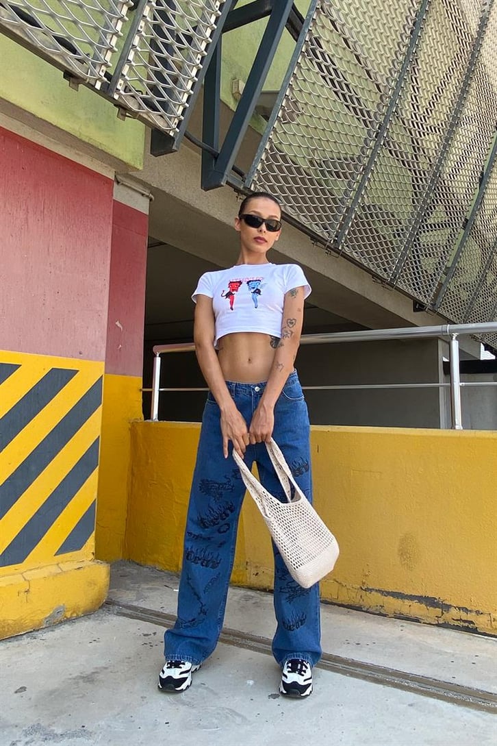 Baskı Detaylı Mavi Baggy Jean