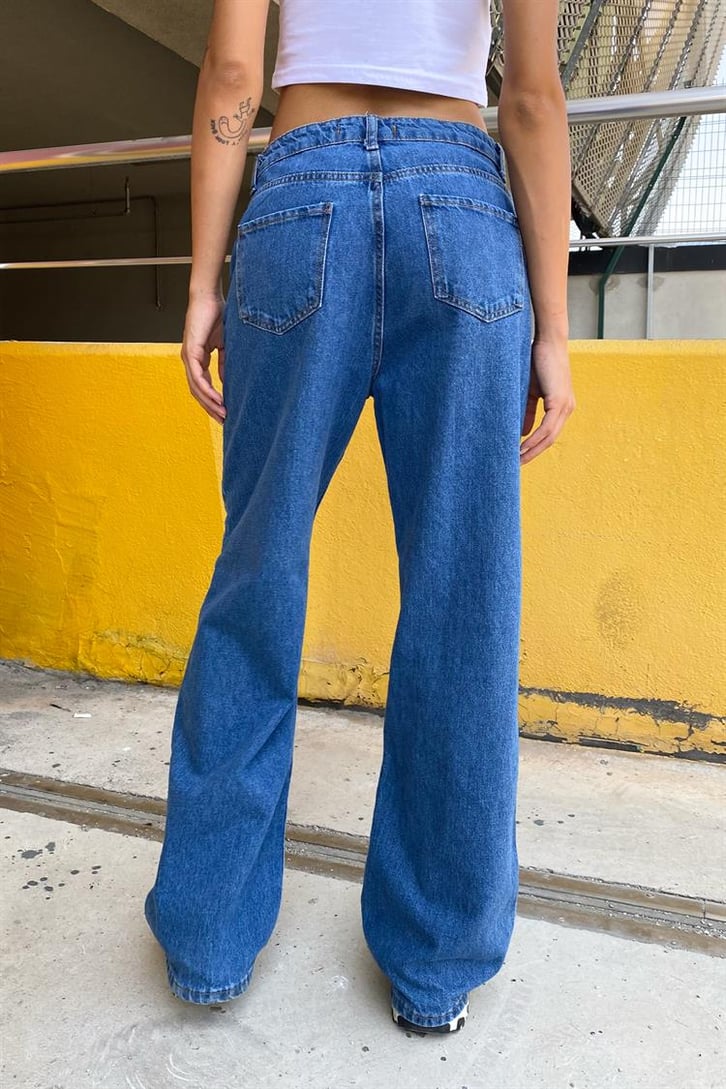 Baskı Detaylı Mavi Baggy Jean