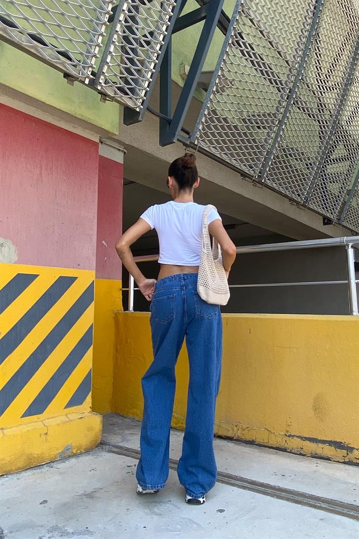 Baskı Detaylı Mavi Baggy Jean