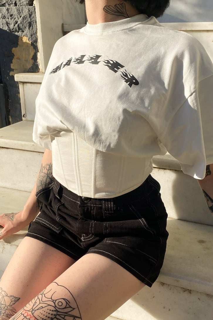 Baskılı Beyaz Korseli Crop