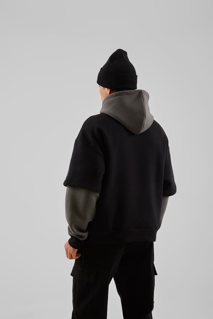 Baskılı Double Color Antrasit Oversize Hoodie