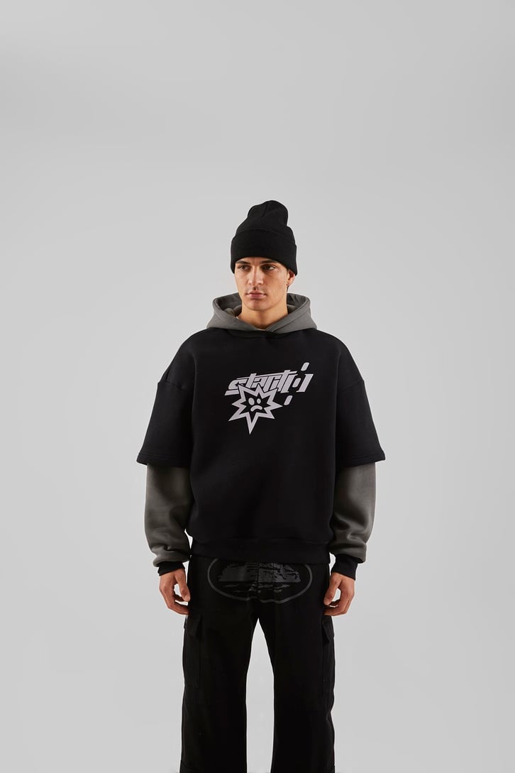 Baskılı Double Color Antrasit Oversize Hoodie