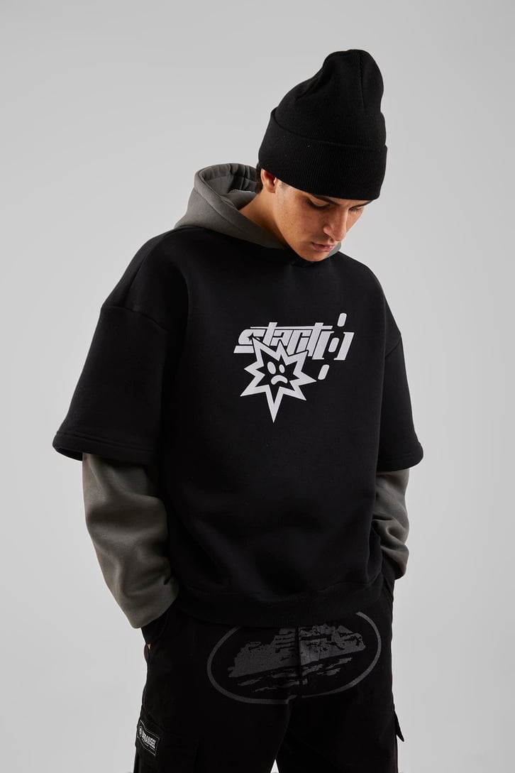Baskılı Double Color Antrasit Oversize Hoodie