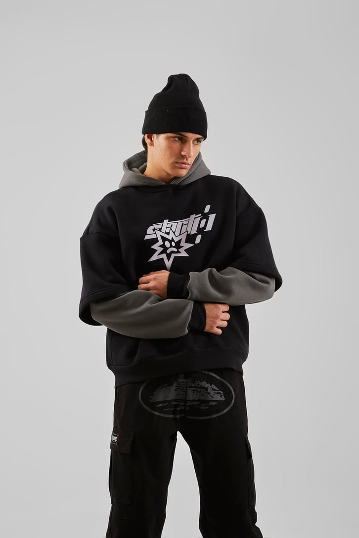 Baskılı Double Color Antrasit Oversize Hoodie