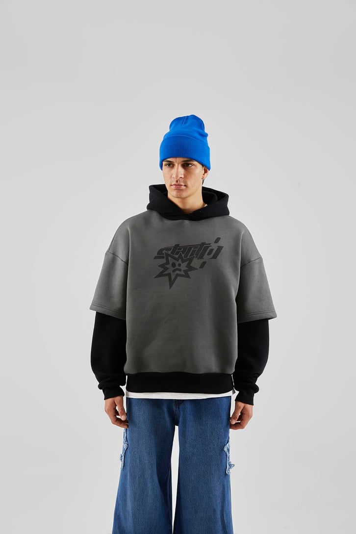 Baskılı Double Color Füme Oversize Hoodie