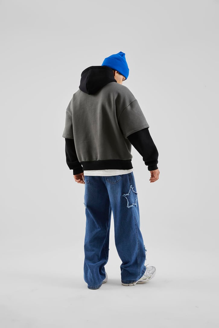 Baskılı Double Color Füme Oversize Hoodie