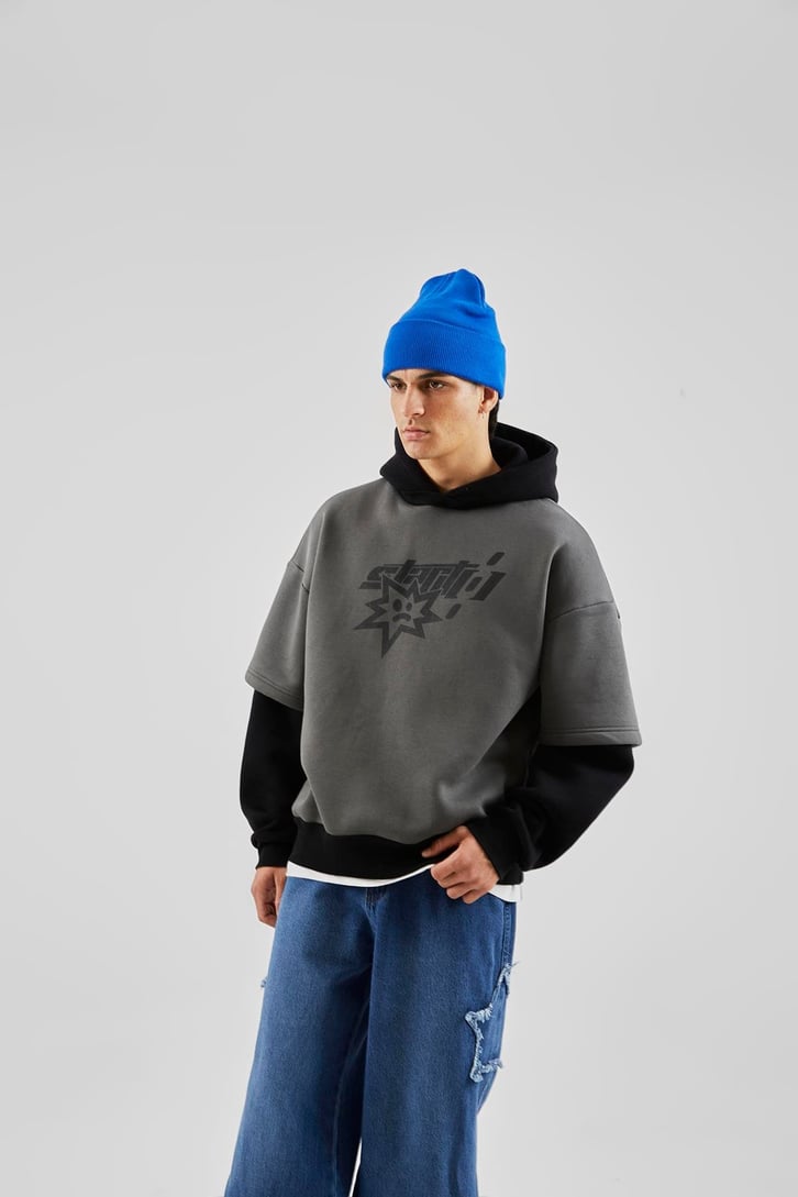 Baskılı Double Color Füme Oversize Hoodie