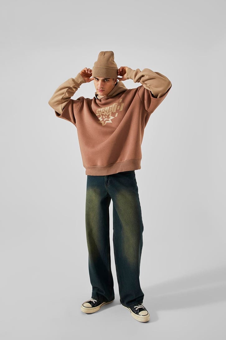 Baskılı Double Color Kahverengi Oversize Hoodie