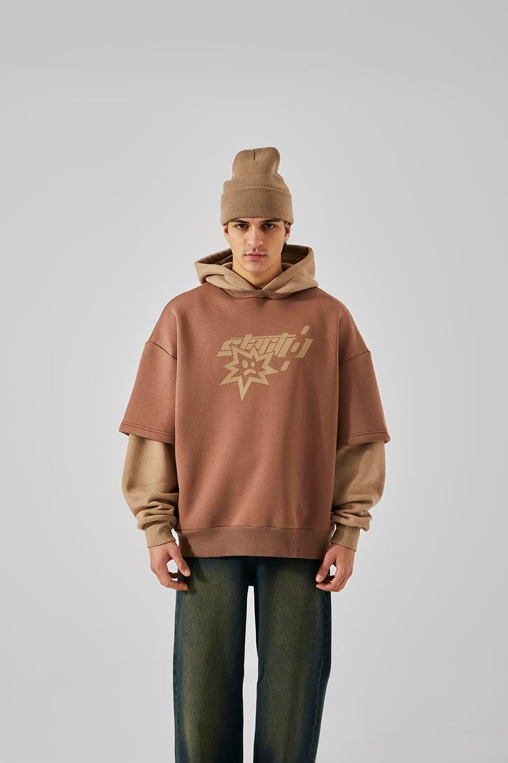 Baskılı Double Color Kahverengi Oversize Hoodie