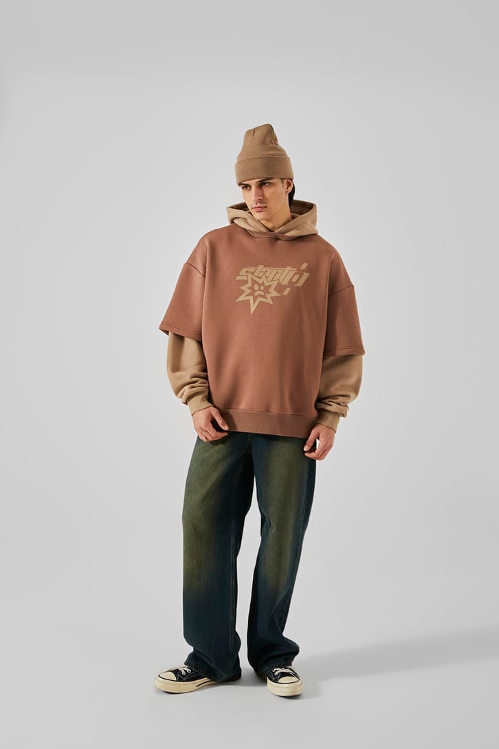 Baskılı Double Color Kahverengi Oversize Hoodie