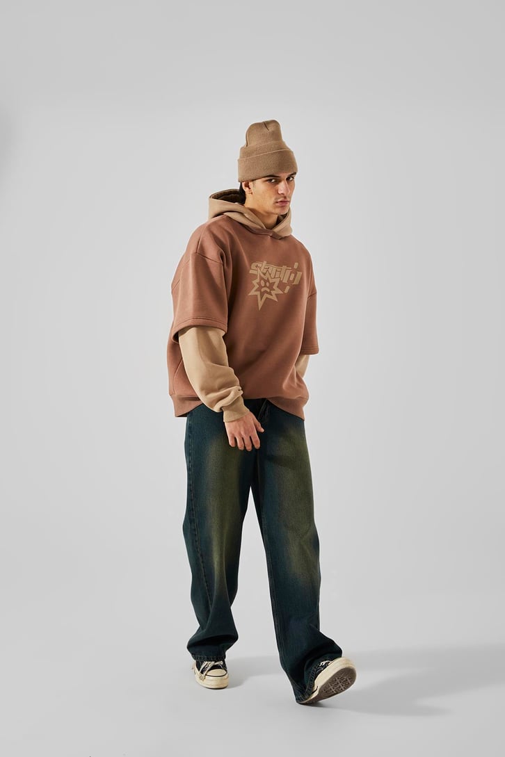 Baskılı Double Color Kahverengi Oversize Hoodie