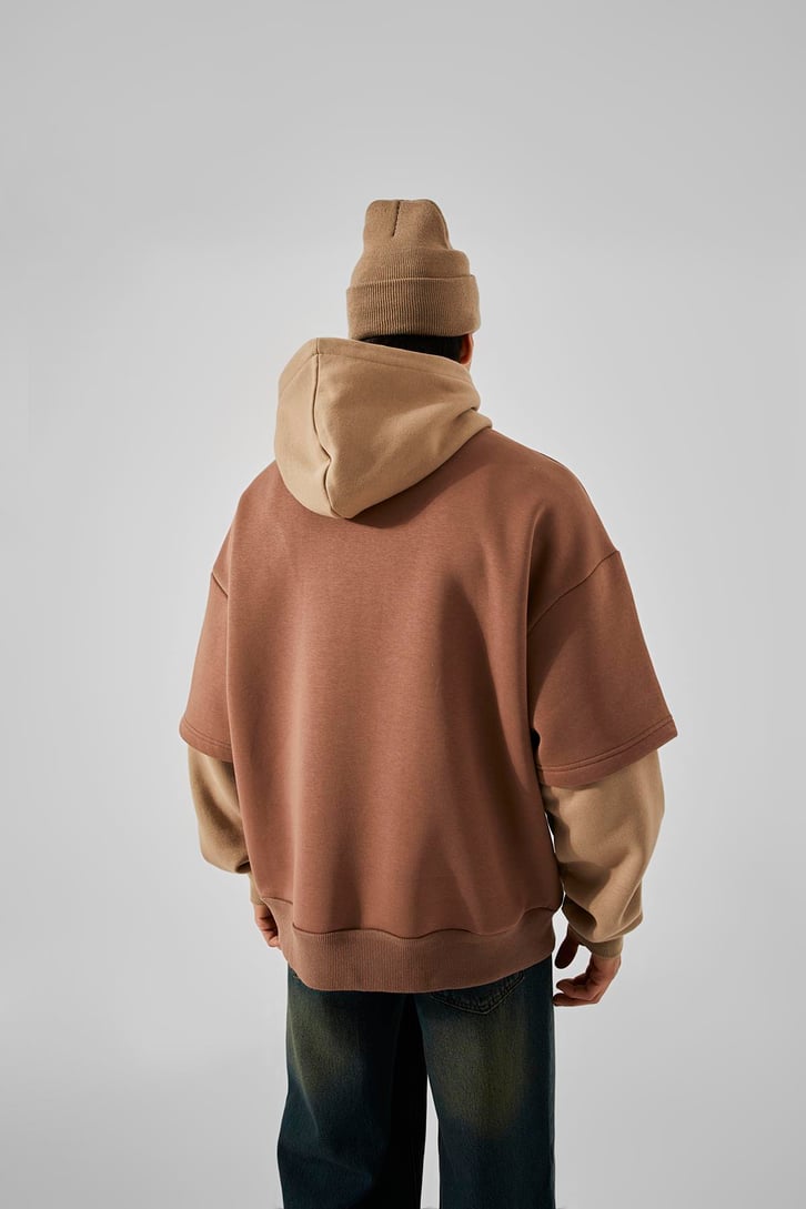 Baskılı Double Color Kahverengi Oversize Hoodie
