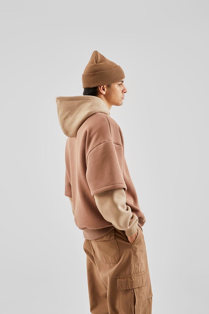 Baskılı Double Color Vizon Oversize Hoodie