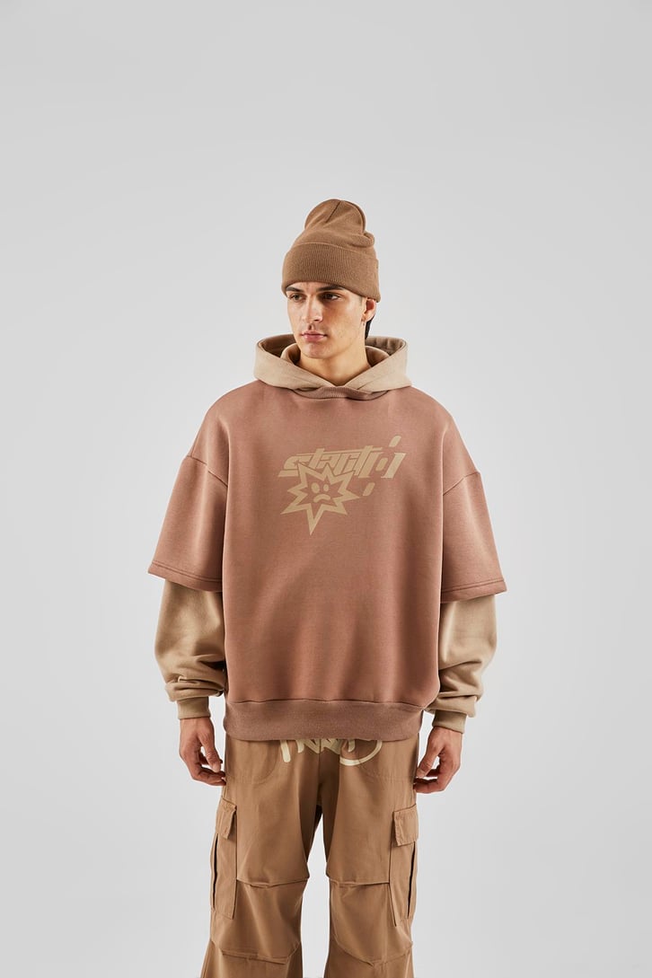 Baskılı Double Color Vizon Oversize Hoodie