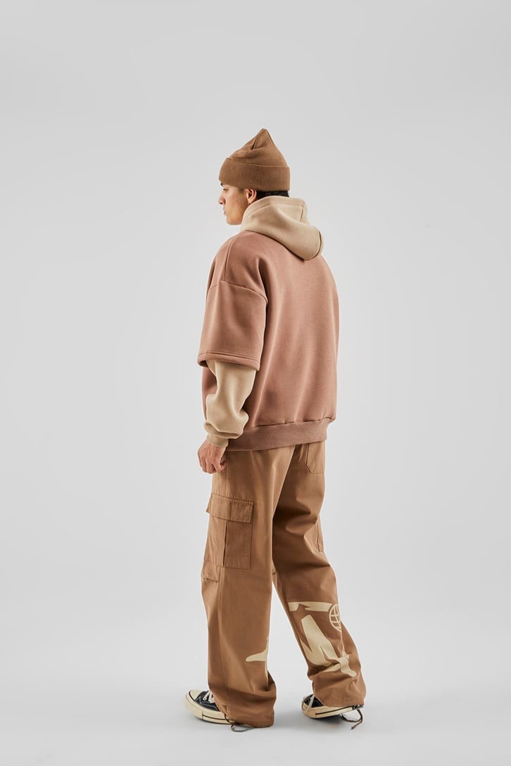 Baskılı Double Color Vizon Oversize Hoodie