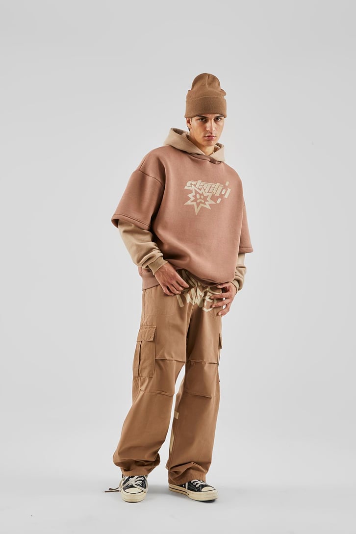 Baskılı Double Color Vizon Oversize Hoodie