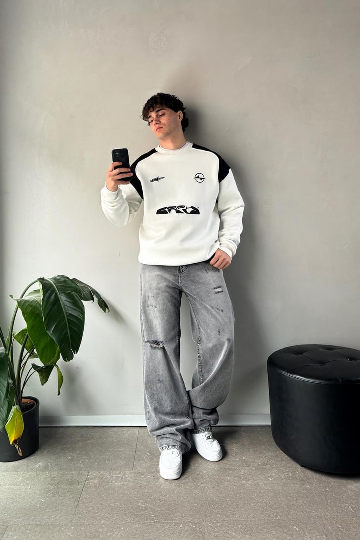 Baskılı Oversize Bisiklet Yaka Sweatshirt