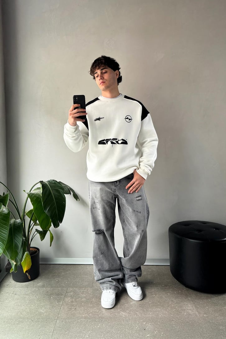 Baskılı Oversize Bisiklet Yaka Sweatshirt