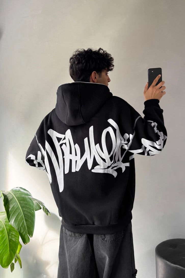 Baskılı Oversize Full Zip Hoodie