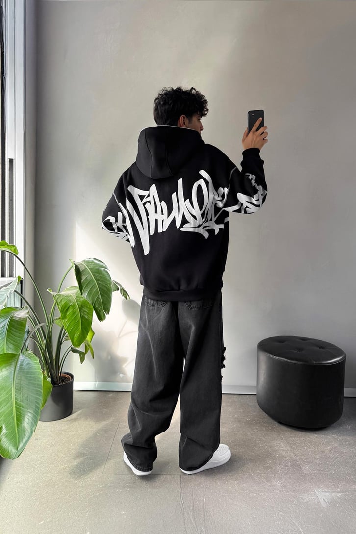 Baskılı Oversize Full Zip Hoodie