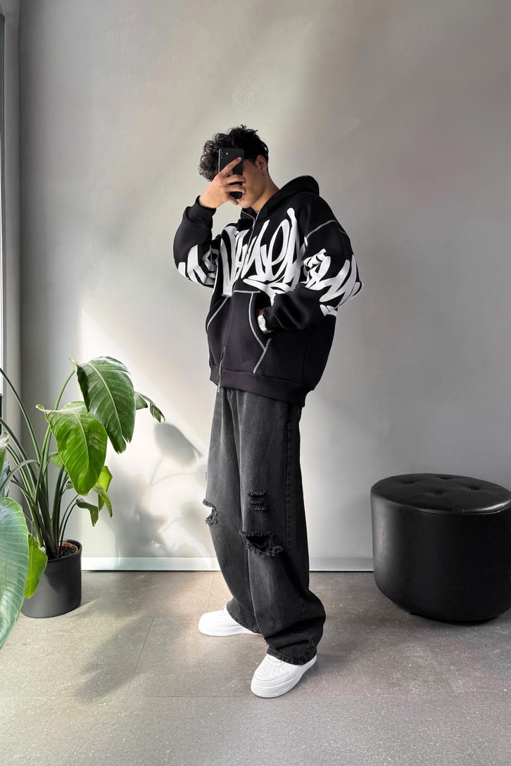 Baskılı Oversize Full Zip Hoodie
