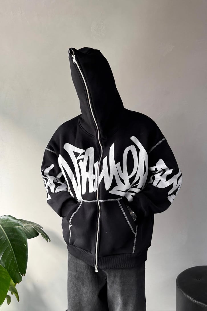 Baskılı Oversize Full Zip Hoodie