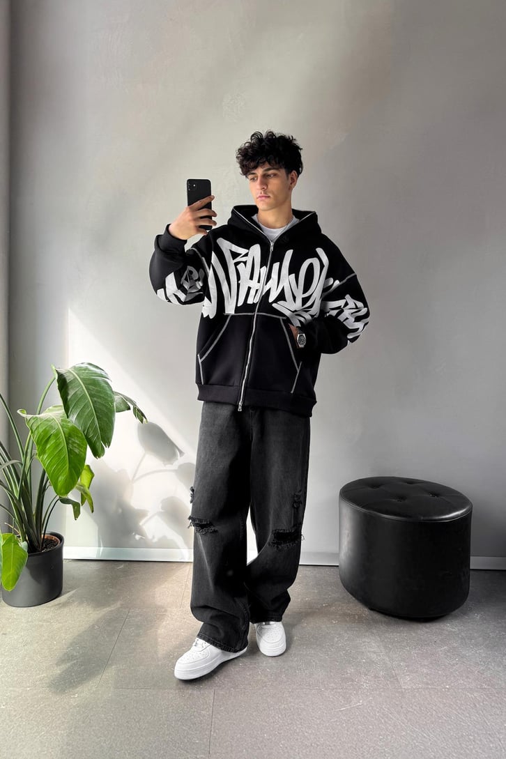 Baskılı Oversize Full Zip Hoodie